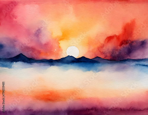 Watercolor mountain landscape, sunset