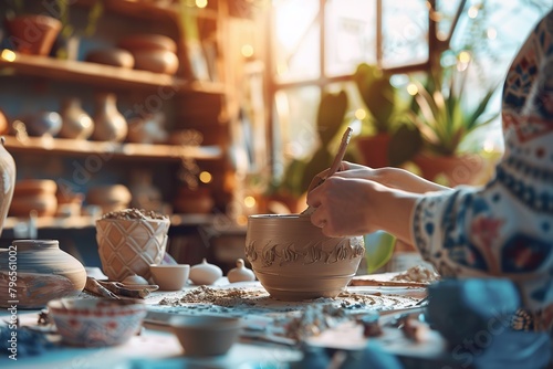 Young woman ceramist in the workshop makes mug out of clay. Closeup of female potter hands. Art and small business. Creation of ceramic products. Person at work creating handmade cup in studio