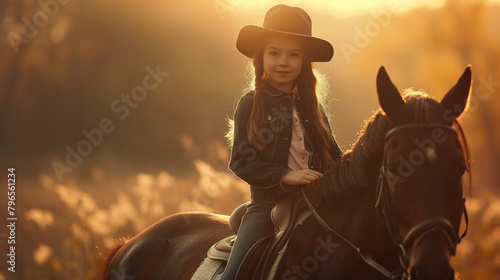 Dziewczynka w kapeluszu jadąca na koniu podczas zachodu słońca