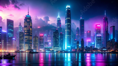 future fintech on a cyberpunk with the city 
