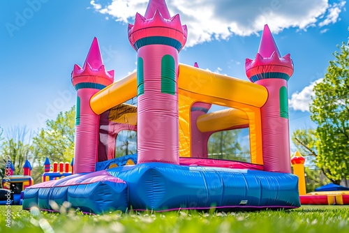 A simple but cute colorful castle bounce house. The inflated bounce house with pops of color sits at the park on a beautiful sunny day. photo