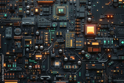 Detailed image of a modern electronic circuit board with various components and glowing elements