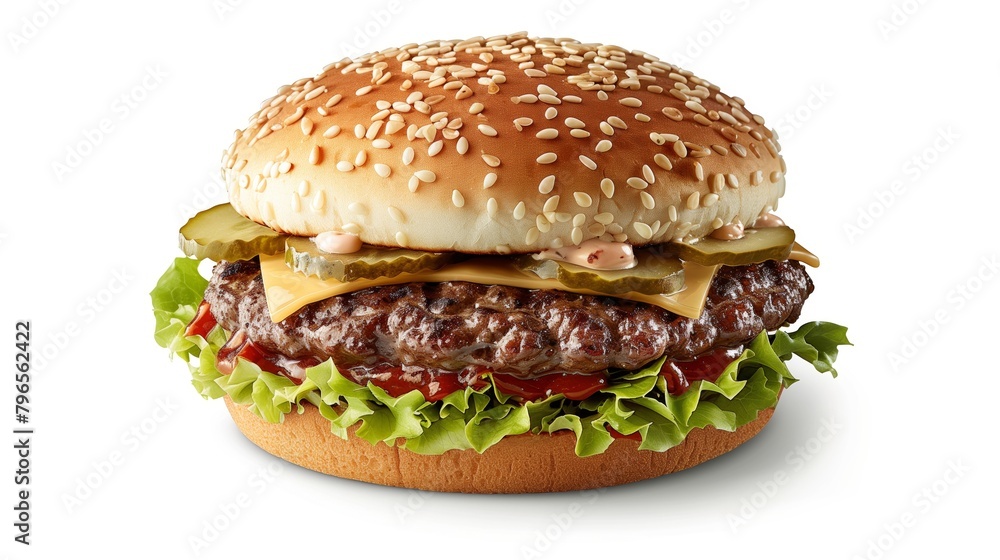 A close-up image of a hamburger with a sesame bun, cheese, lettuce, tomato, and pickles on a white background. A close-up image of a hamburger with a sesame bun, cheese, lettuce, tomato, and pickles on a white background.