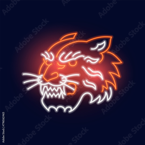 Fashion tiger, asian animal neon sign. Night bright signboard, Glowing light. Summer logo, emblem for Club or bar concept