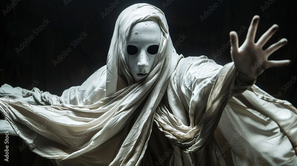 Scary ghost with white sheets and white mask , Halloween ghost . Scary ghost with white sheets and white mask , Halloween ghost .