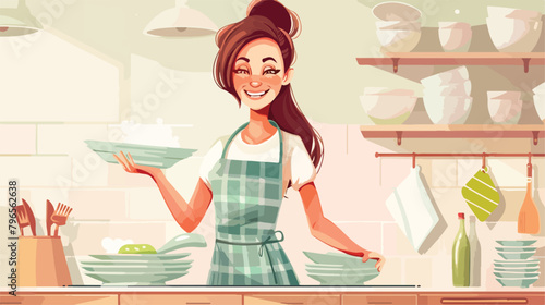 Beautiful young happy woman with clean dishes in kitc photo