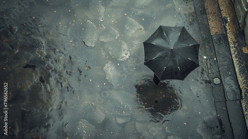 Aerial view of a black umbrella on a wet, reflective surface strewn with fallen leaves.