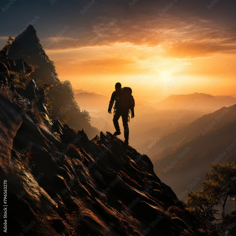 A lone hiker reaches the mountain peak, silhouetted against a breathtaking sunset sky