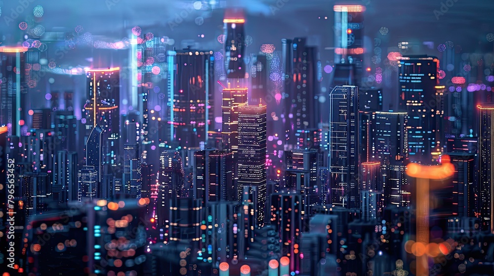 A cityscape with bright lights and glowing buildings