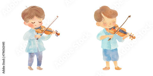 kid play violin watercolor vector illustration