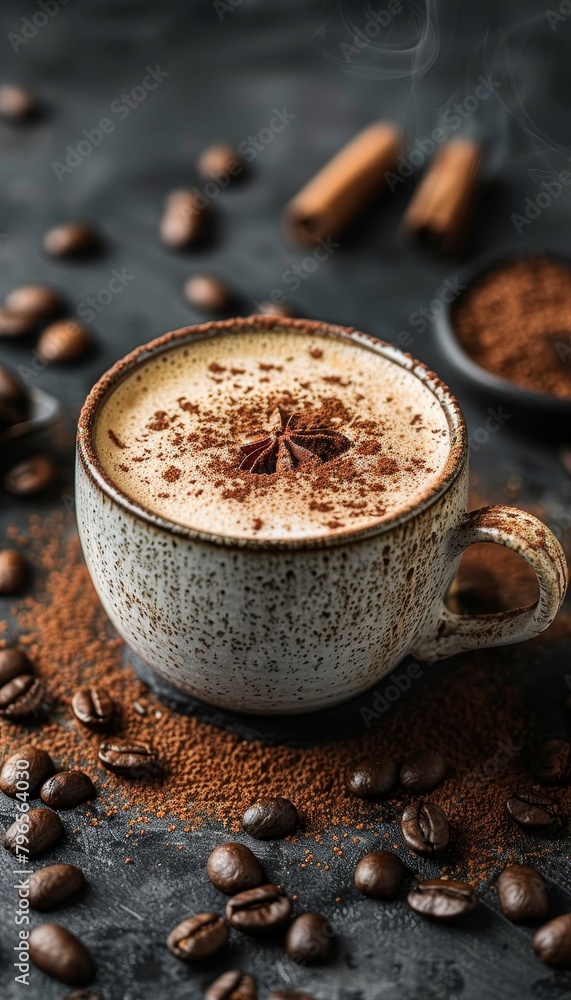 Aromatic coffee cup with steaming cinnamon and roasted coffee beans for a fragrant experience Aromatic coffee cup with steaming cinnamon and roasted coffee beans for a fragrant experience