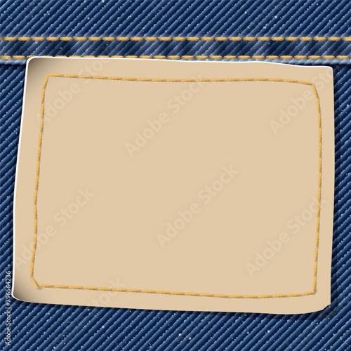 Blank leather badge on denim blue jean textile pattern background with gold seams and crease vector illustration.