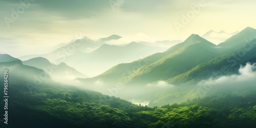 The serene stillness of a misty mountain with cloudy weather in the background 