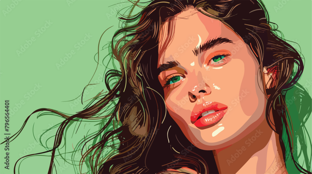 Beautiful young woman on green background closeup