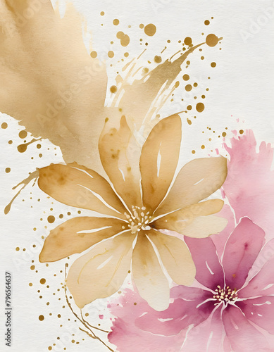 Abstract art watercolor gentle flower and gold splash for nature banner background. Watercolor art design suitable for use as header  web  wall decoration.