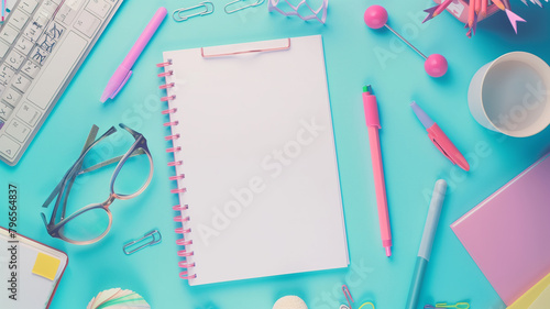 Top view of colourful office supplies on a blue background. Flat lay.