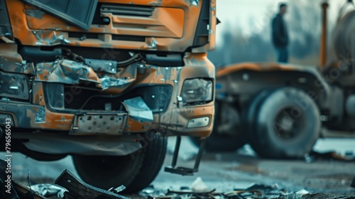 Close-up of a damaged orange truck in an accident scene, with a blurred man standing.