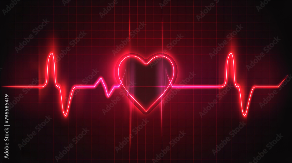Neon heart and pulse line on a grid background. Glowing cardiac rhythm with heart shape. Heartbeat illustration on a digital grid.