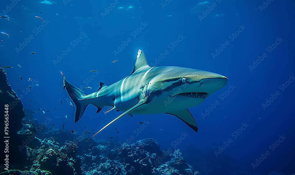 sharks gliding through deep blue waters
