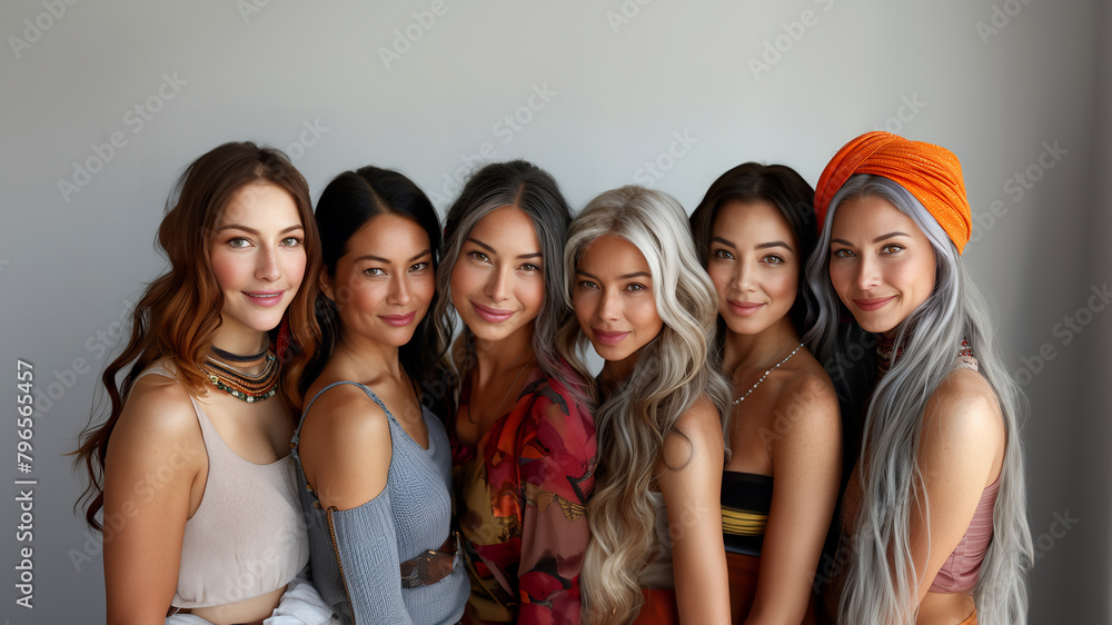 a group of six diverse hippie-style women showing a blend of styles and ages, with each wearing different, sophisticated outfits 