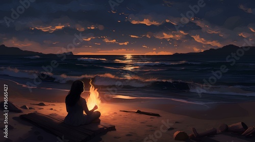 sunset at the beach with a girl sitting at beach © Muhammad