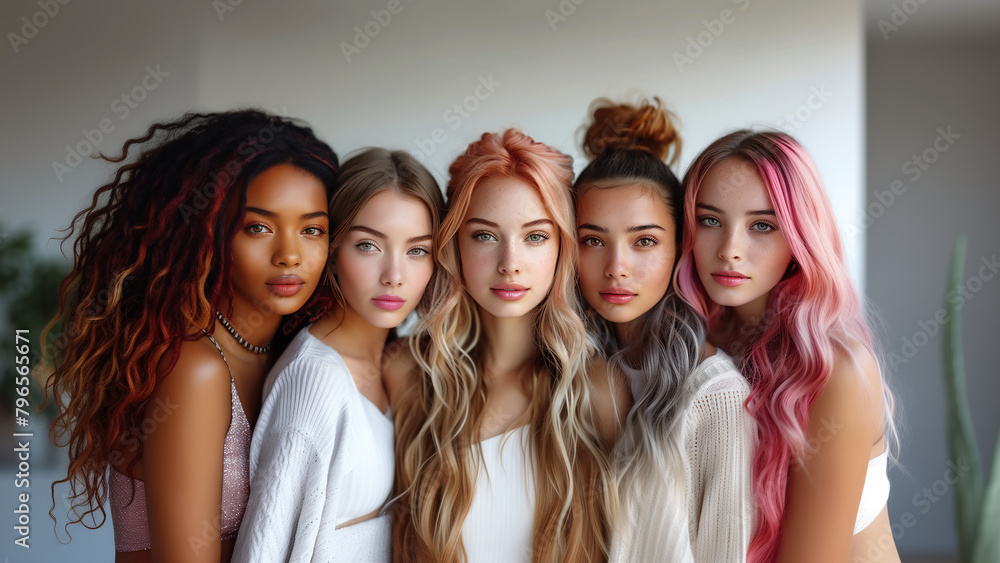 Obraz premium young diverse ethnic women showing a blend of styles and ages, with each wearing different, sophisticated outfits 