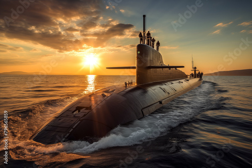Submarine in the sea at sunset. Concept of war and military.