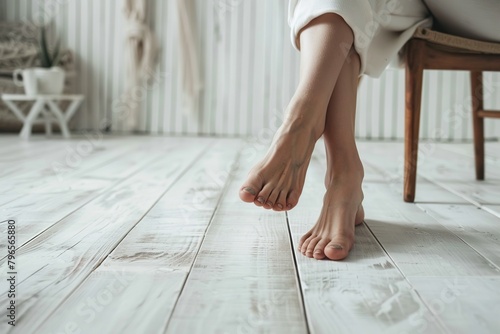 Barefoot on white wooden floor. Close up view of bare foots walking at minimalistic cozy home background. Skin care, cosmetology, health concept. Healthcare and podiatry. Heated warm floor. Legs, heel photo