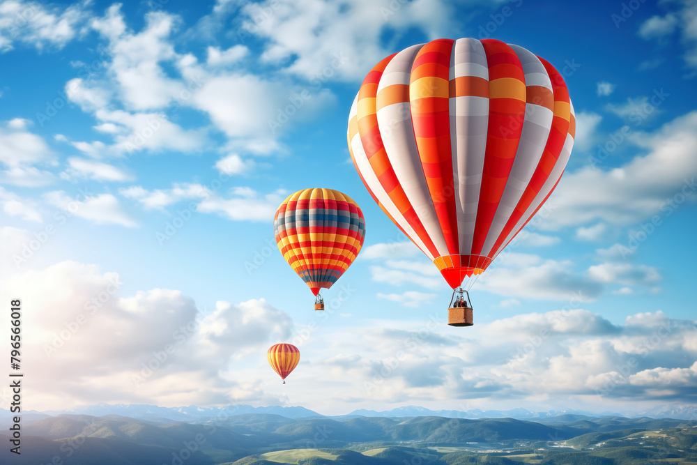 Naklejka premium Hot air balloons flying high in blue sky. Background with selective focus and copy space