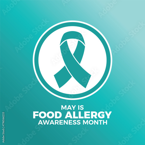 May is Food Allergy Awareness Month poster vector illustration. Teal awareness ribbon icon in a circle. Template for background, banner, card. Important day
