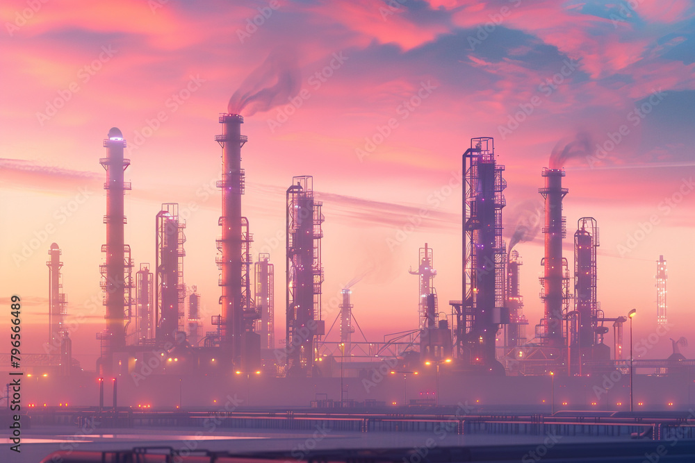  An industrial complex at sunrise, with smokestacks emitting white smoke against a sky painted in shades of orange and pink. 