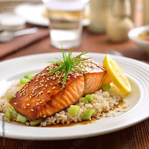 grilled salmon steak served with rice, chopped chives and teriyaki sauce