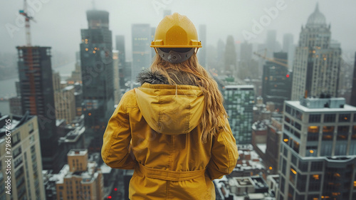 Female construction worker in yellow helmet and raincoat standing on top of skyscraper generativa IA