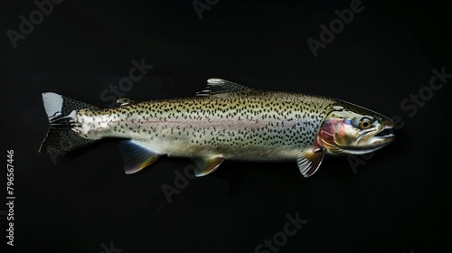 Vividly colored trout in side profile against a dark background, showcasing detailed scales and an open mouth.
