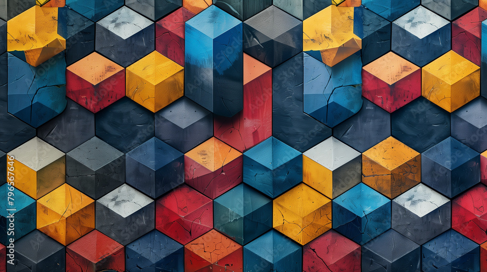 Obraz premium Abstract blue background with a seamless pattern of 3D cubes,Colorful Geometric Triangle Mosaic Texture Art