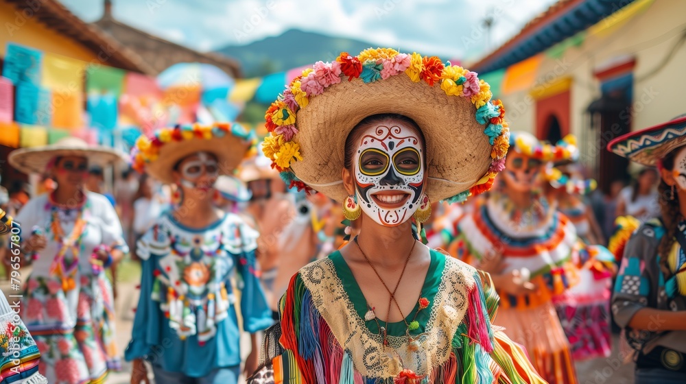 Fototapeta premium A beautiful woman in community events and cultural Mexican heritage during Cinco de Mayo. Generative AI