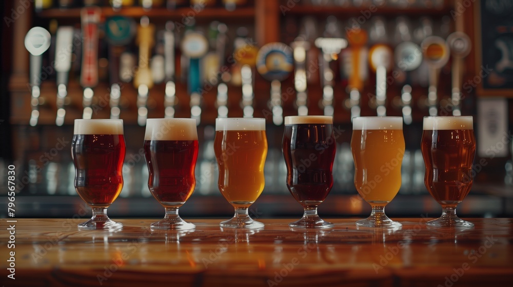 Five different beers in glasses lined up on a bar counter with blurred taps in the background. Five different beers in glasses lined up on a bar counter with blurred taps in the background.