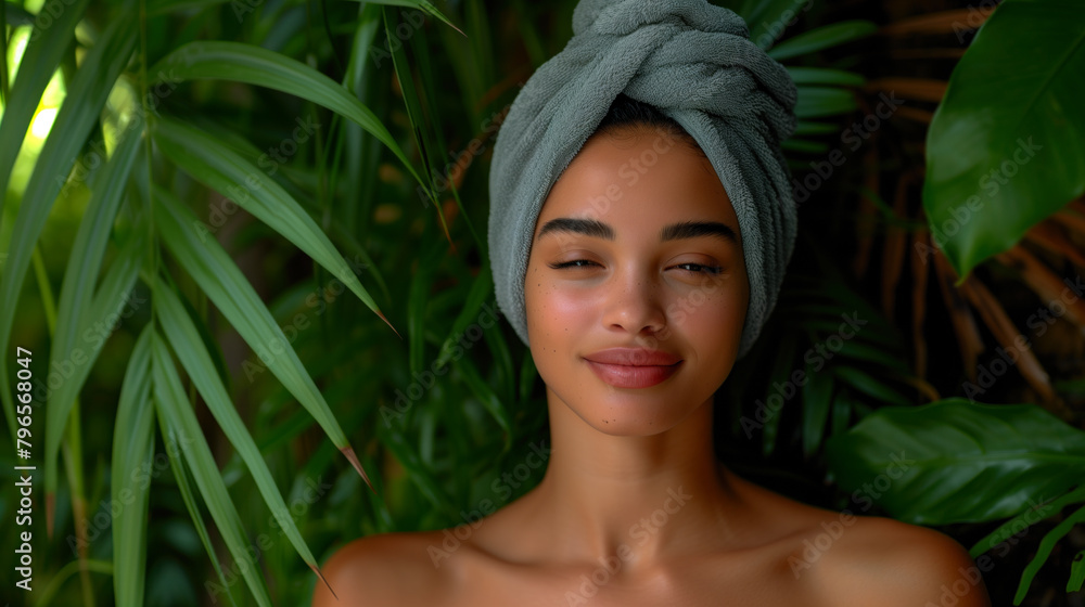 Content young woman in a towel with fresh skin, relaxing at a serene spa. Content young woman in a towel with fresh skin, relaxing at a serene spa.