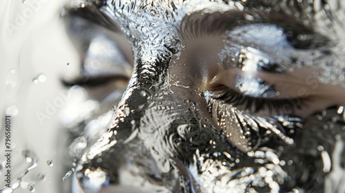 A portrait of a subject with a single tear made of shimmering silver ferrofluid streaming down their face adding a touch of magic and mystery to the image. © Justlight