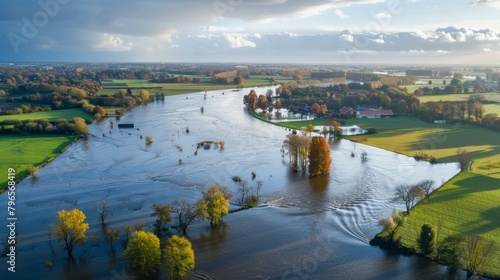 A flooded area with trees and houses in the background photo