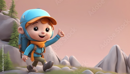 A cute friendly 3d hiking character waving to the camera.