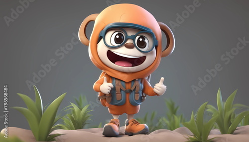 A cute friendly 3d hiking character waving to the camera.