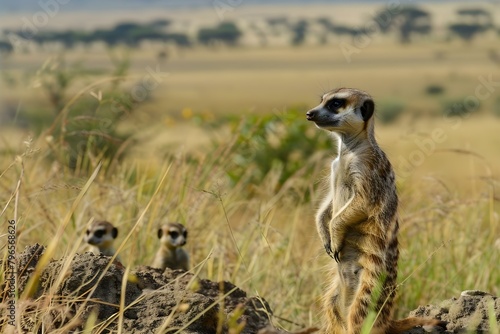 Vigilant meerkat family keeps watch for danger in the expansive African savanna near their burrow. Concept Animal Behavior, African Wildlife, Meerkats, Savanna Ecosystem, Family Dynamics