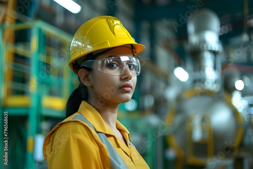 Indian Female Engineer Overseeing Operations in Factory While Wearing Safety Gear. Concept Engineering, Female Empowerment, Factory Operations, Safety Gear, Indian Culture