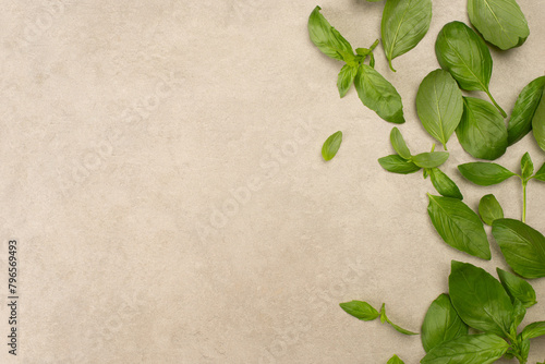 background with basil leaves, cooking, table