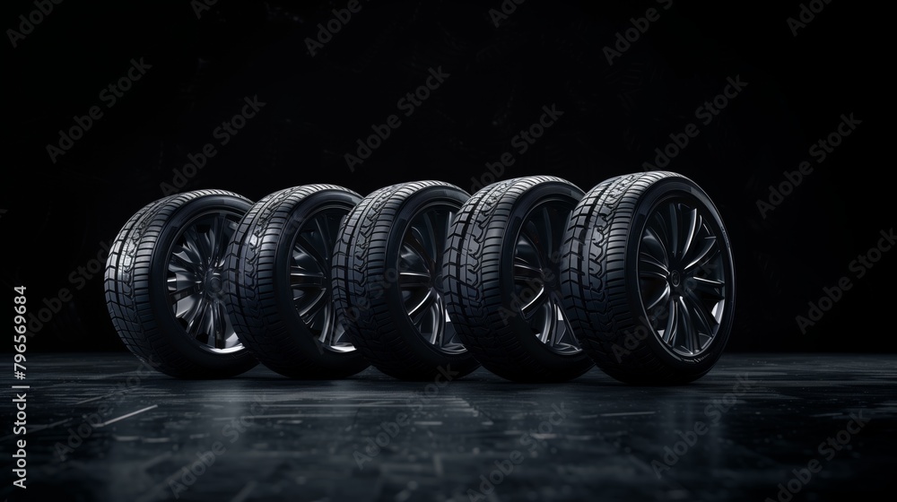 A row of six car tires with detailed treads and alloy wheels displayed on a dark, textured surface. A row of six car tires with detailed treads and alloy wheels displayed on a dark, textured surface.