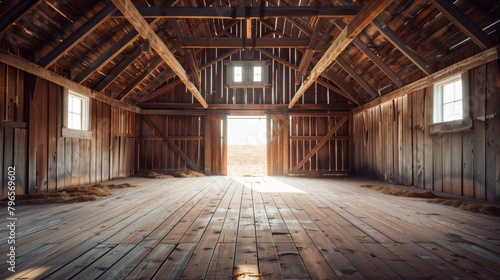 Sunny interior of an old wooden barn with open doors leading to a bright exterior.