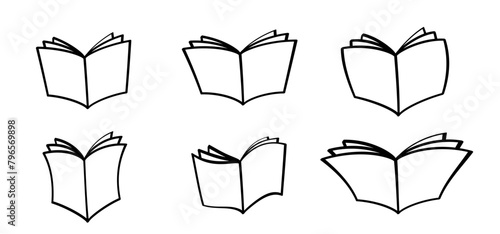 Cartoon open book and pages. Education concept. Line drawing. Opened books sign. Book store logo. Flying pages. World book day.