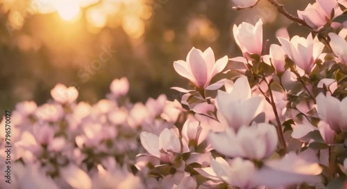 3d view of a beautiful sunset with hints of pink and a garden full of white magnolia flowers