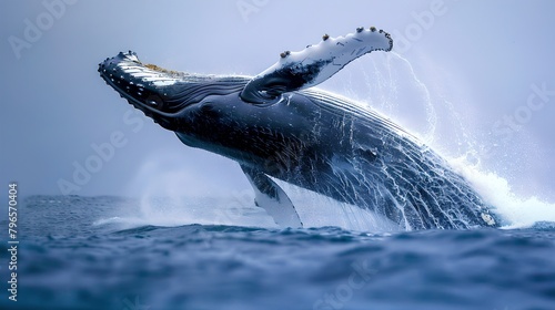 Majestic Humpback Whale Breaching in Open Sea. Nature's Marvel Captured in Blue Tones, a Representation of Wildlife and Ocean Beauty. AI © Irina Ukrainets